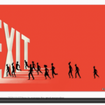Presentation slide: bright red background with large white letters spelling "EXIT". People drawn in silhouette are running toward and through the letters.