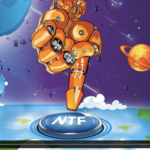 Slide from Jake Silva's presentation. Digital art piece showing a giant orange colored robotic hand coming down space, and with an index finger, pushing a button on earth that says "NTF"