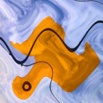 Abstract image, wavy blue background with orange shape