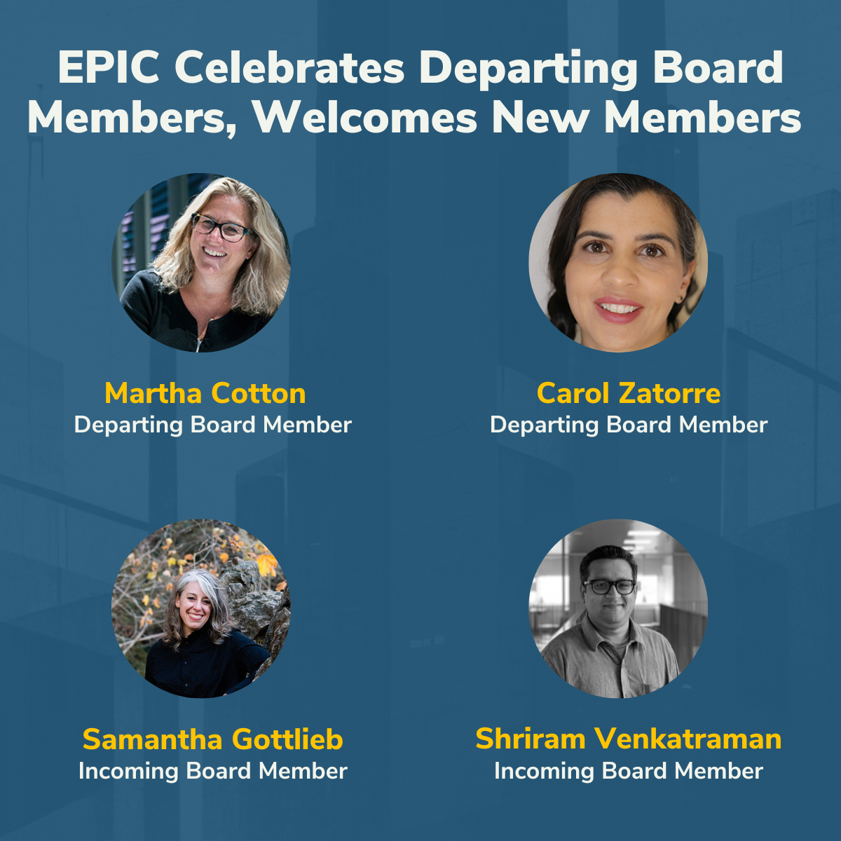 Images of incoming and outgoing EPIC Board members in Spring 2023